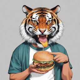 A comic art styled depiction of a tiger in trendy streetwear, chowing down on a mouthwatering burger.