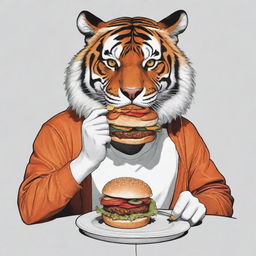 A comic art styled depiction of a tiger in trendy streetwear, chowing down on a mouthwatering burger.