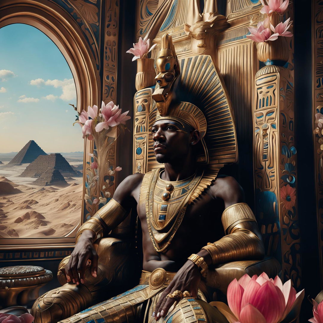 Hyper-realistic 3D photograph of a majestic black Egyptian pharaoh on a Rococo throne in a grand hall, with a desert view, vibrant colours, and a flower aesthetic.