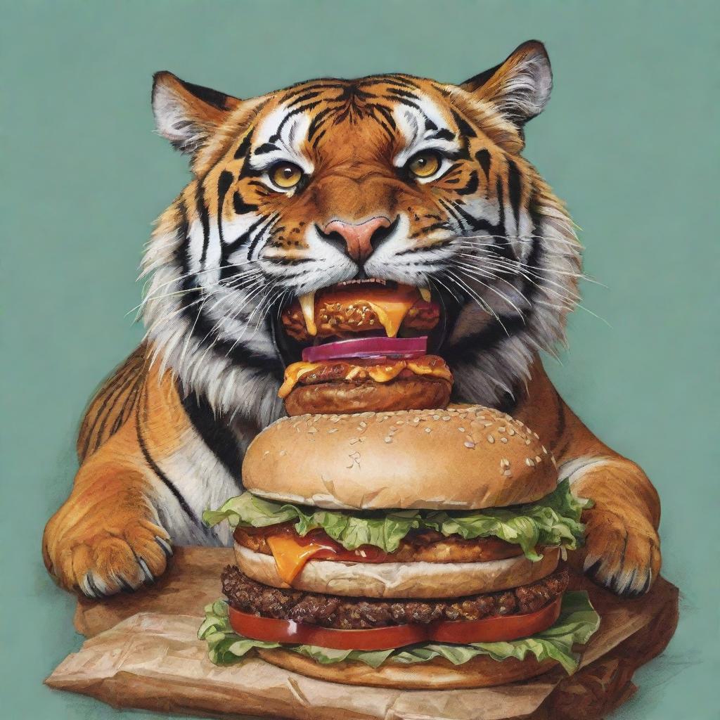 A visually striking comic art of a daring tiger savagely feasting on a juicy burger.