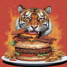 A visually striking comic art of a daring tiger savagely feasting on a juicy burger.