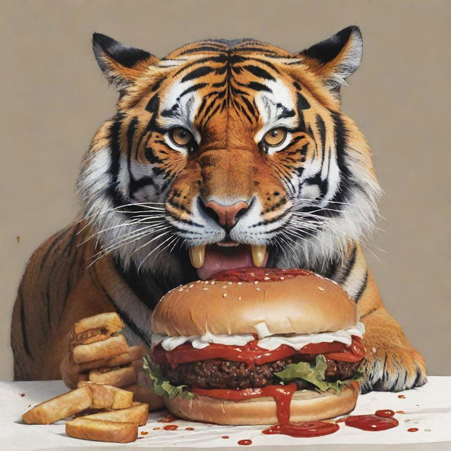 A visually striking comic art of a daring tiger savagely feasting on a juicy burger.