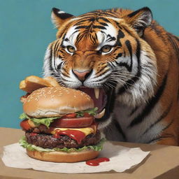 A visually striking comic art of a daring tiger savagely feasting on a juicy burger.