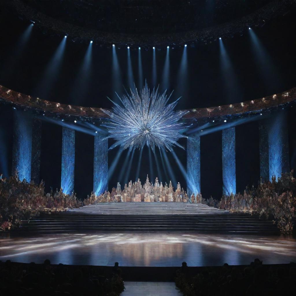 A grand stage designed for the Miss Universe competition. Spotlight embracing the splendid stage, adorned with glitzy decorations and spectacular lighting effects. Audience seats filling the surrounding space, enhancing the scale and majesty of the event.