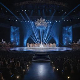 A grand stage designed for the Miss Universe competition. Spotlight embracing the splendid stage, adorned with glitzy decorations and spectacular lighting effects. Audience seats filling the surrounding space, enhancing the scale and majesty of the event.