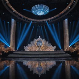 A grand stage designed for the Miss Universe competition. Spotlight embracing the splendid stage, adorned with glitzy decorations and spectacular lighting effects. Audience seats filling the surrounding space, enhancing the scale and majesty of the event.