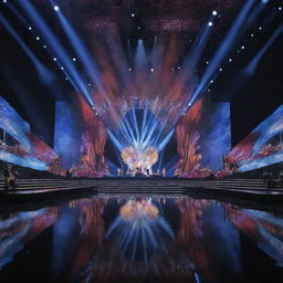 A large, modern stage design for the Miss Universe pageant that seamlessly unites a long runway, an explosion of vibrant colors, and dazzling lighting effects to create a tantalizing visual spectacle.