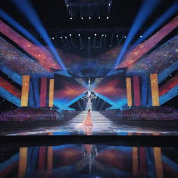 A large, modern stage design for the Miss Universe pageant that seamlessly unites a long runway, an explosion of vibrant colors, and dazzling lighting effects to create a tantalizing visual spectacle.