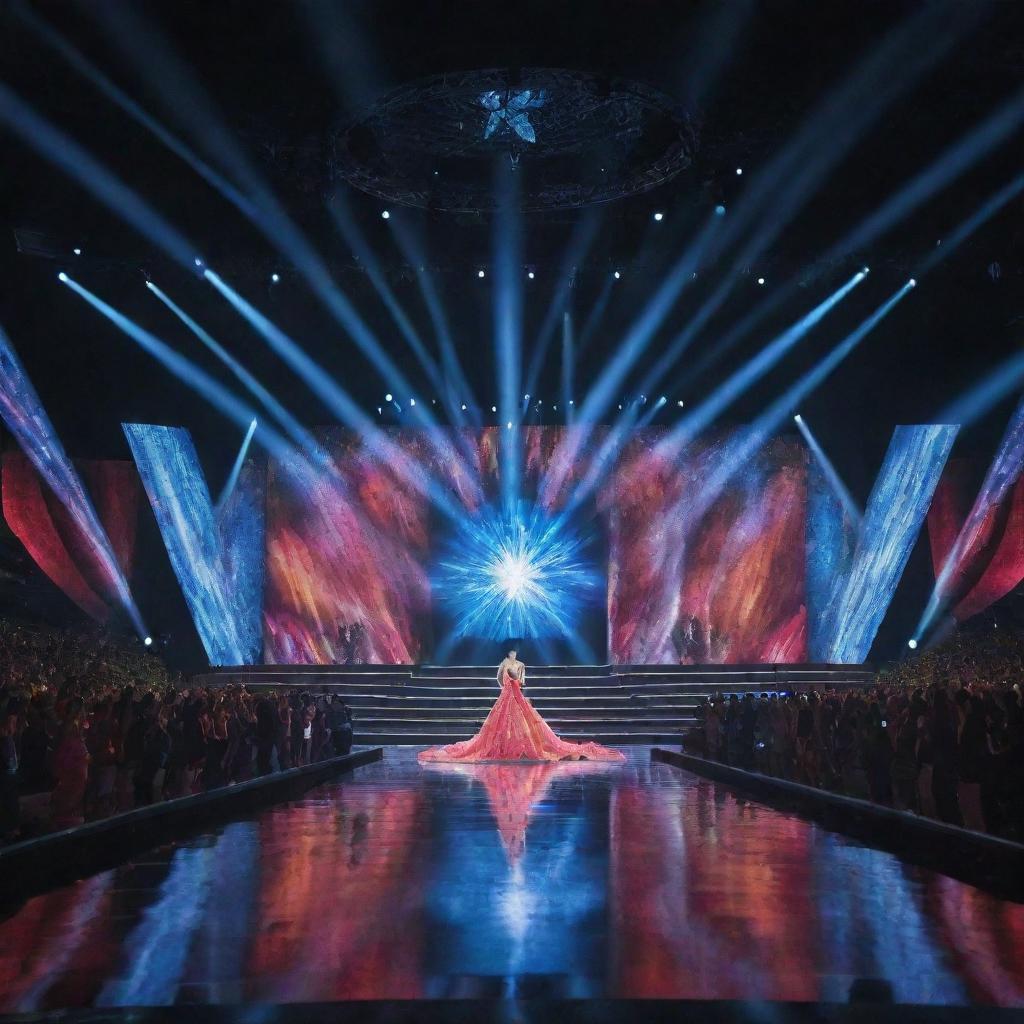 A large, modern stage design for the Miss Universe pageant that seamlessly unites a long runway, an explosion of vibrant colors, and dazzling lighting effects to create a tantalizing visual spectacle.