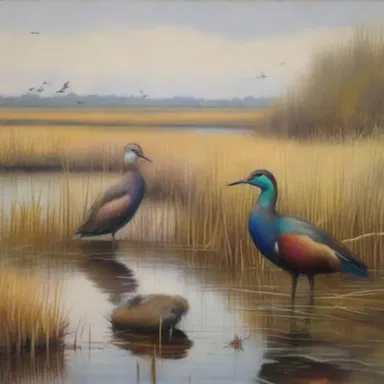 The painting depicted a colorful scene of crakes in a marsh.