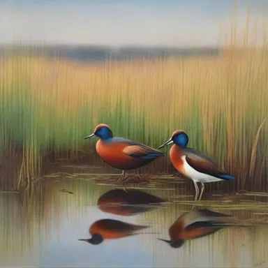 The painting depicted a colorful scene of crakes in a marsh.