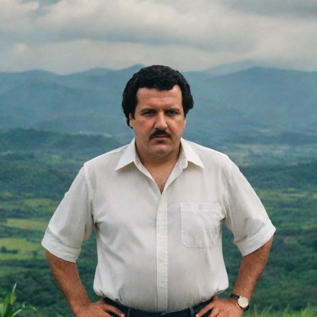 Pablo Escobar, the infamous Colombian drug lord in the 1970s and 1980s, standing menacingly against a backdrop of the Colombian landscape.