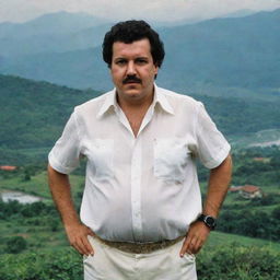 Pablo Escobar, the infamous Colombian drug lord in the 1970s and 1980s, standing menacingly against a backdrop of the Colombian landscape.