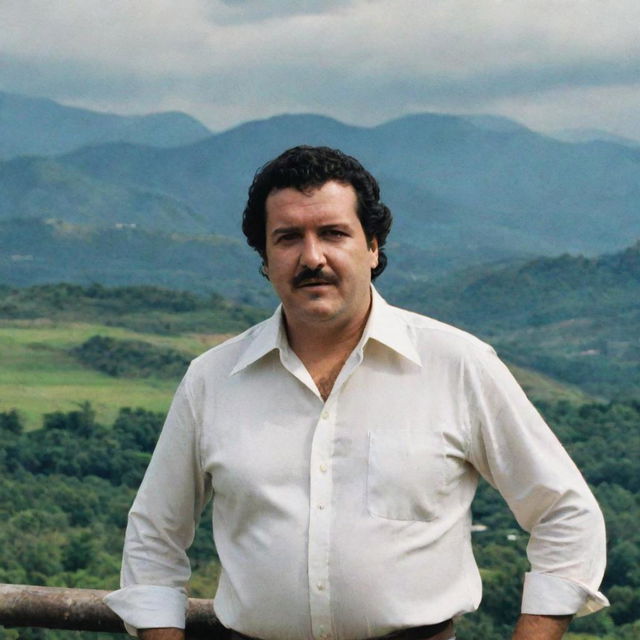 Pablo Escobar, the infamous Colombian drug lord in the 1970s and 1980s, standing menacingly against a backdrop of the Colombian landscape.