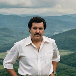 Pablo Escobar, the infamous Colombian drug lord in the 1970s and 1980s, standing menacingly against a backdrop of the Colombian landscape.