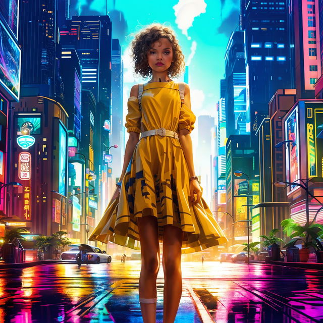 A girl in a classic sundress stands amidst a bustling cyberpunk city, her simple attire contrasting with the high-tech surroundings.