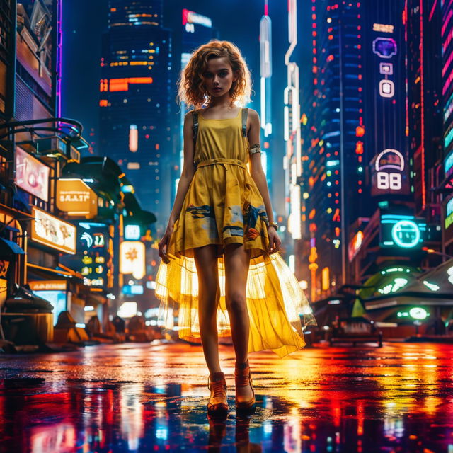 A girl in a flowing sundress stands amidst a bustling cyberpunk city, her simple attire contrasting with the high-tech surroundings.