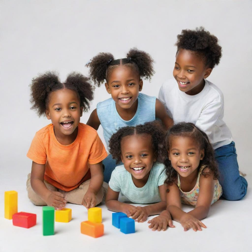 Five-year-old black children engaged in playful games and fun educational activities, set against a plain white background.