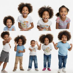 Five-year-old black children engaged in playful games and fun educational activities, set against a plain white background.