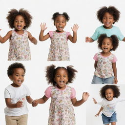 Five-year-old black children engaged in playful games and fun educational activities, set against a plain white background.