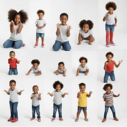 Five-year-old black children engaged in playful games and fun educational activities, set against a plain white background.