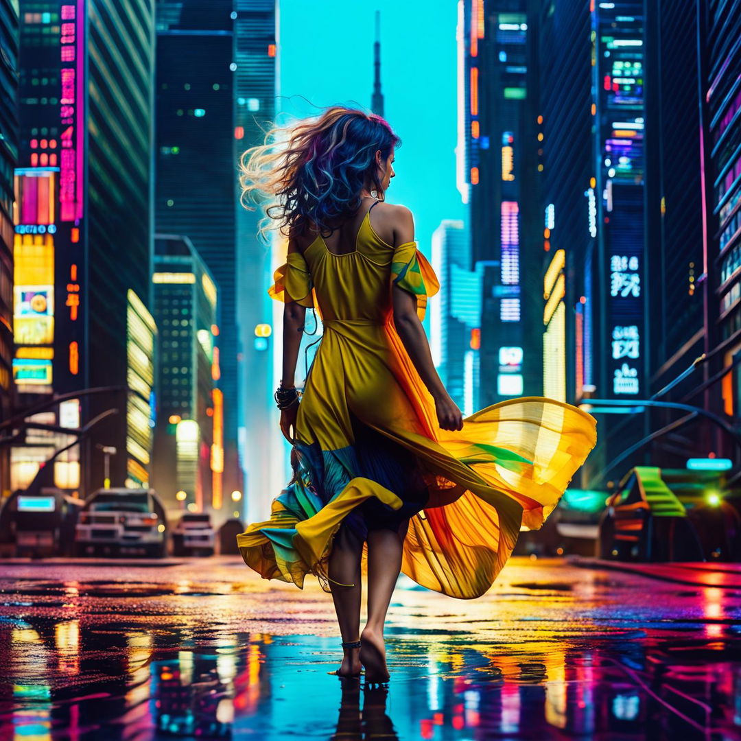 A classic beauty in a flowing sundress walks away amidst a bustling cyberpunk city, her simple attire contrasting with the high-tech surroundings.