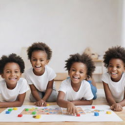 Five-year-old black children enjoying games, learning and having fun, in a crisp, white animated style.