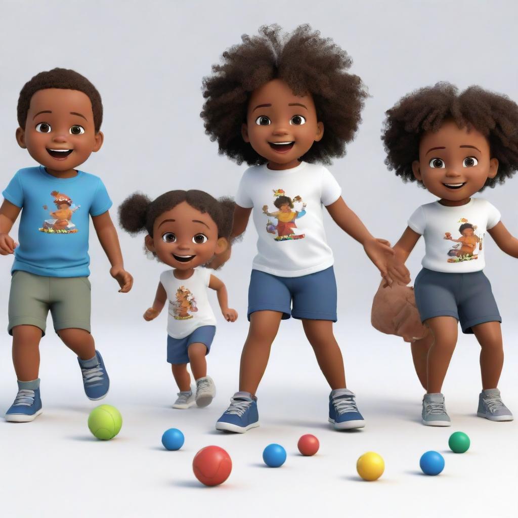 Five-year-old black children enjoying games, learning and having fun, in a crisp, white animated style.