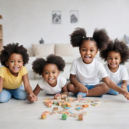 Five-year-old black children enjoying games, learning and having fun, in a crisp, white animated style.