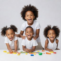 Five-year-old black children enjoying games, learning and having fun, in a crisp, white animated style.