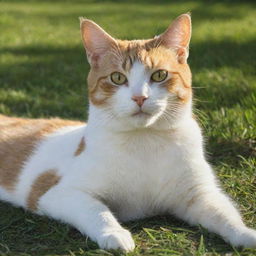 A sleek, well-groomed domestic cat lounging contentedly in sunlit grass.