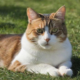 A sleek, well-groomed domestic cat lounging contentedly in sunlit grass.