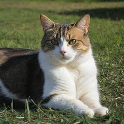 A sleek, well-groomed domestic cat lounging contentedly in sunlit grass.