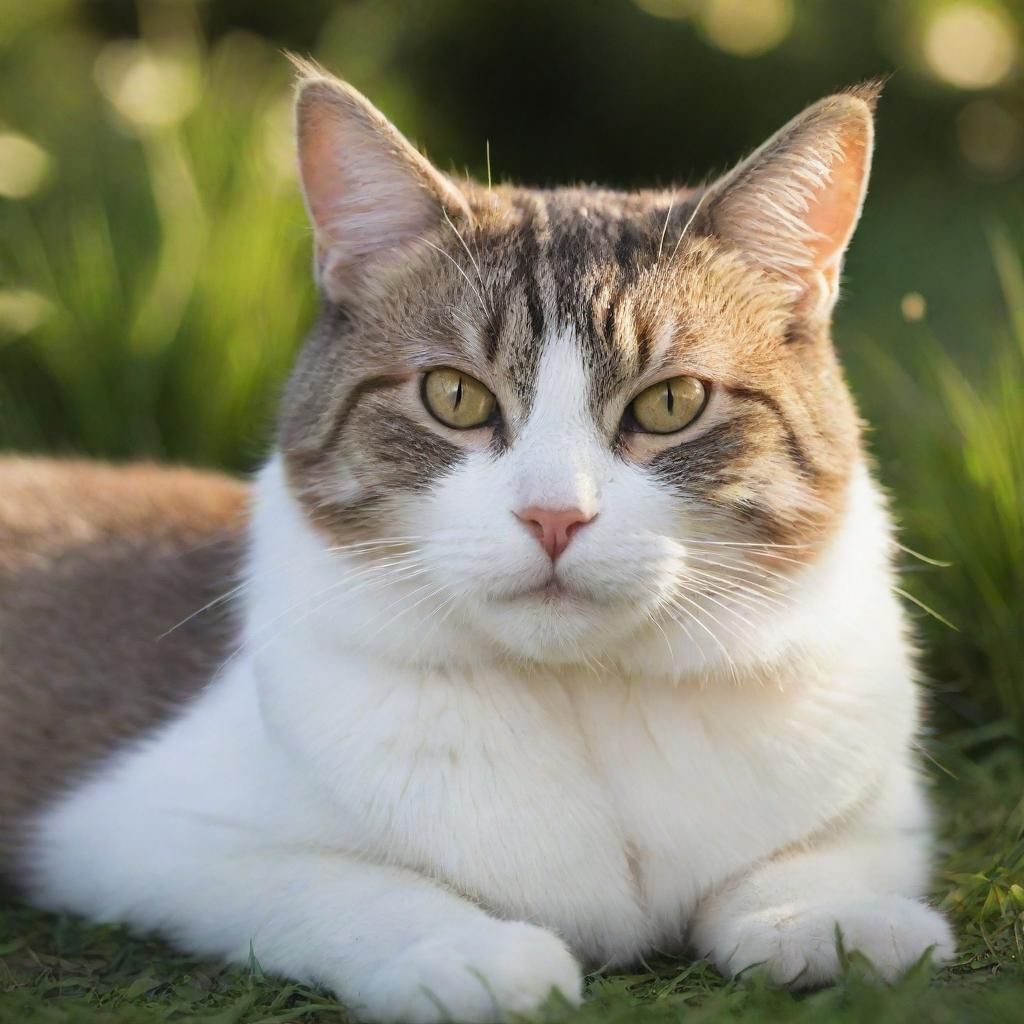 A sleek, well-groomed domestic cat lounging contentedly in sunlit grass.