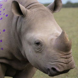 A rhino spotted with purple dots, featuring an unusually large eye bearing the pattern of the Russian flag.