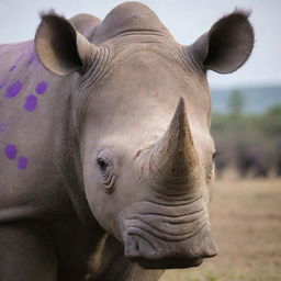 A rhino spotted with purple dots, featuring an unusually large eye bearing the pattern of the Russian flag.