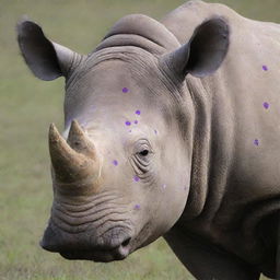 A rhino spotted with purple dots, featuring an unusually large eye bearing the pattern of the Russian flag.