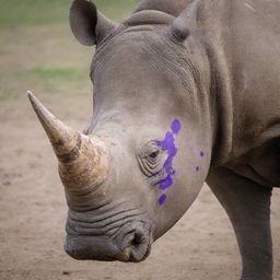 A rhino spotted with purple dots, featuring an unusually large eye bearing the pattern of the Russian flag.