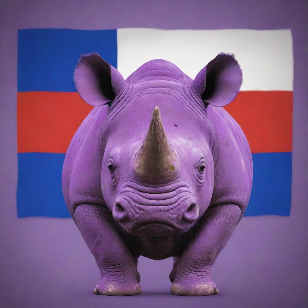 A vibrant cartoon rhino in purple with polka dots and one oversized eyeball vividly mismatched with the Russian flag.