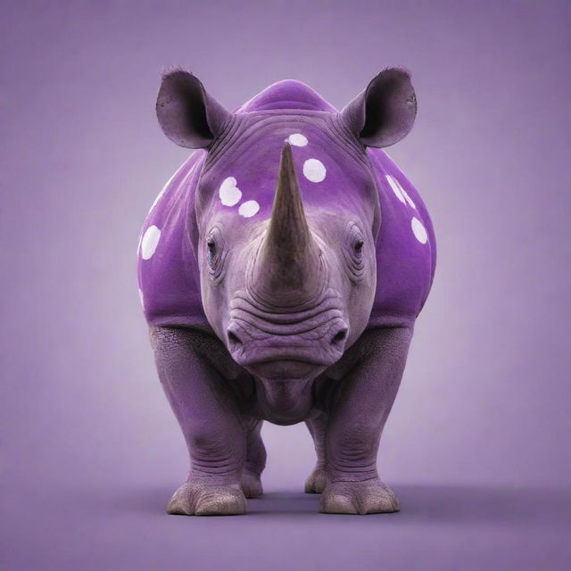 A vibrant cartoon rhino in purple with polka dots and one oversized eyeball vividly mismatched with the Russian flag.