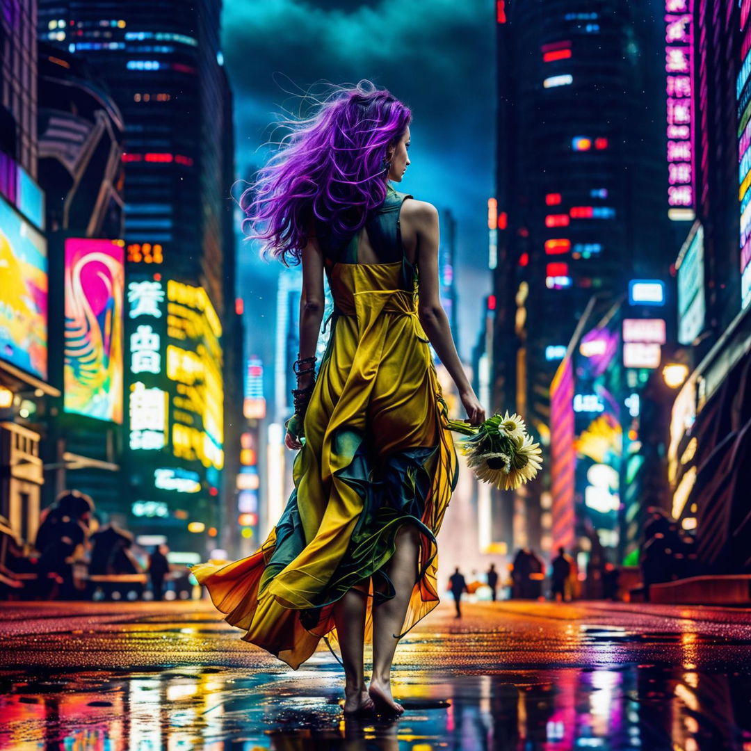 A classic beauty with long hair in a flowing sundress walks away amidst a bustling cyberpunk city, her simple attire contrasting with the high-tech surroundings.