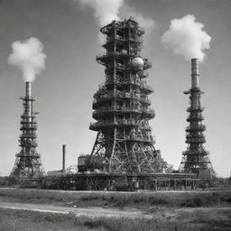 An old picture infused with modern artificial elements merging wars, chemistry, reactors, and engineering.