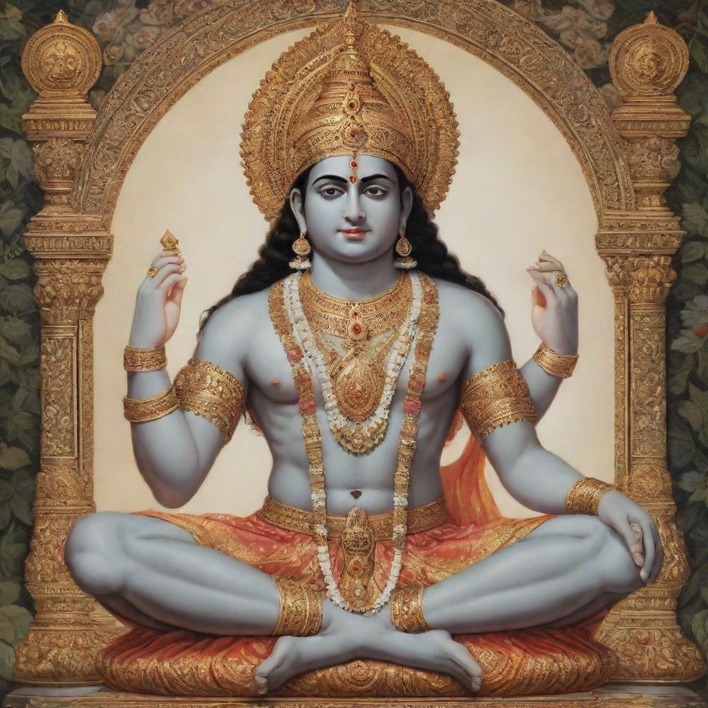 A highly-ornate depiction of Shree Ram in a serene meditation pose, adorned in traditional Indian attire.