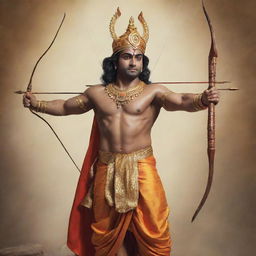 A powerful, majestic representation of Shree Ram equipped with his signature bow and arrows, resplendent in traditional Indian garb.