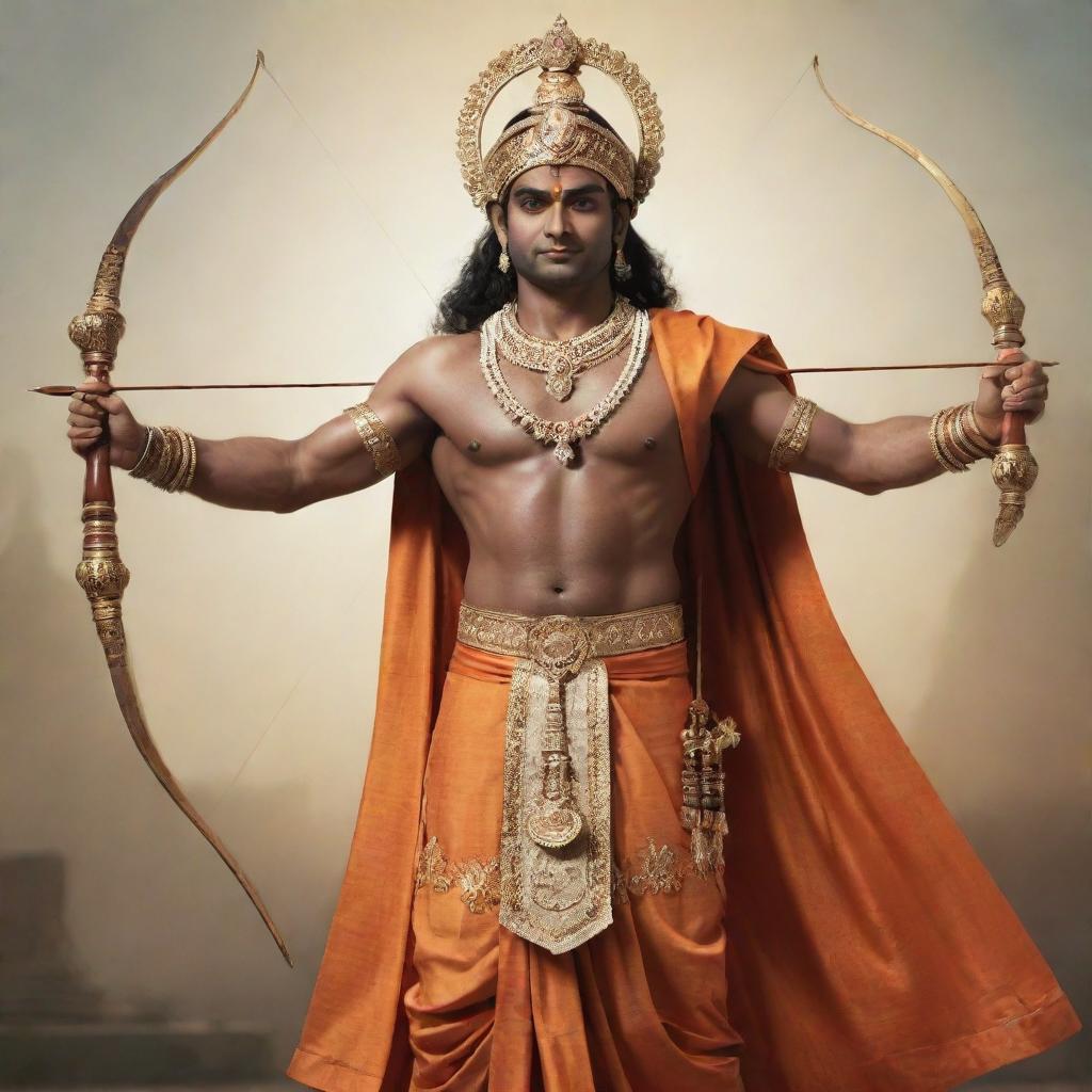 A powerful, majestic representation of Shree Ram equipped with his signature bow and arrows, resplendent in traditional Indian garb.