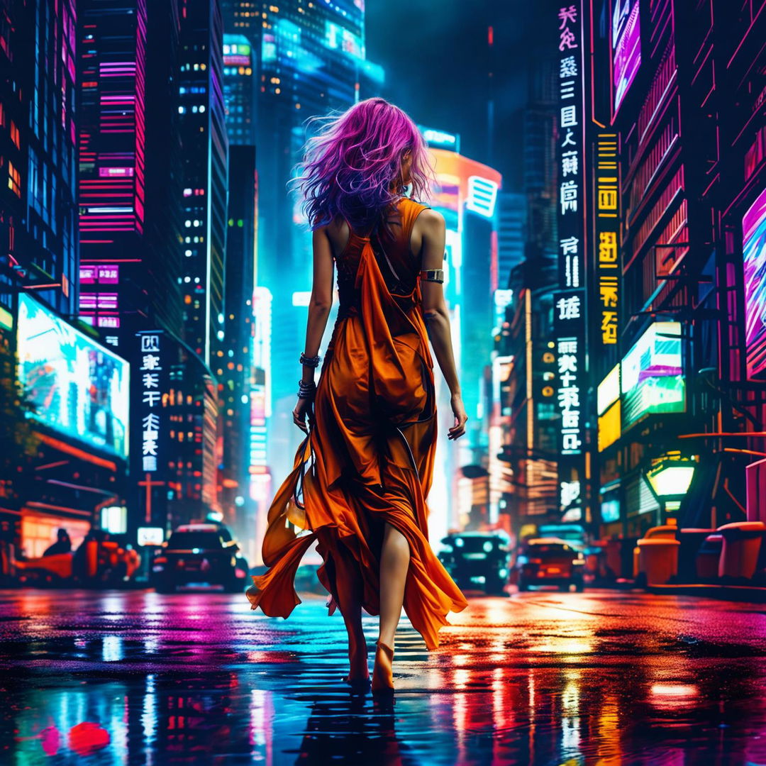 A classic beauty with long hair in a flowing orange sundress walks away amidst a bustling cyberpunk city, her simple attire contrasting with the high-tech surroundings.