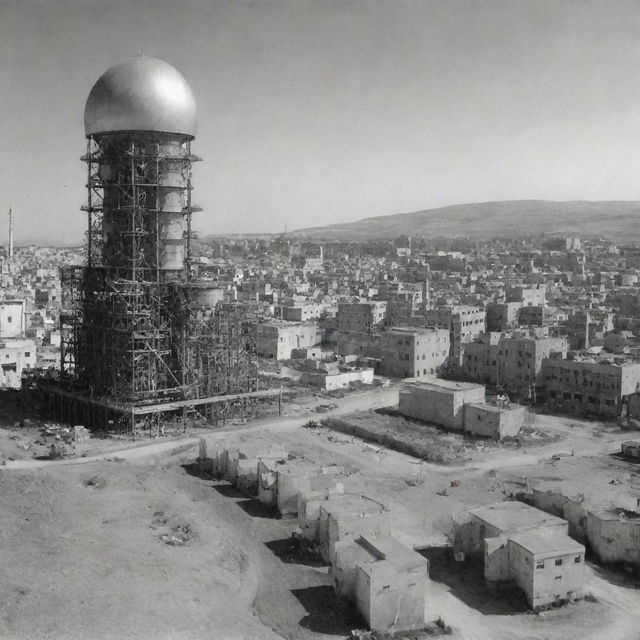 An old picture incorporating modern artificial intelligence effects, merging the concepts of wars, events in Palestine, chemistry, reactors, and engineering.