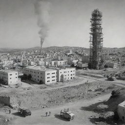 An old picture incorporating modern artificial intelligence effects, merging the concepts of wars, events in Palestine, chemistry, reactors, and engineering.