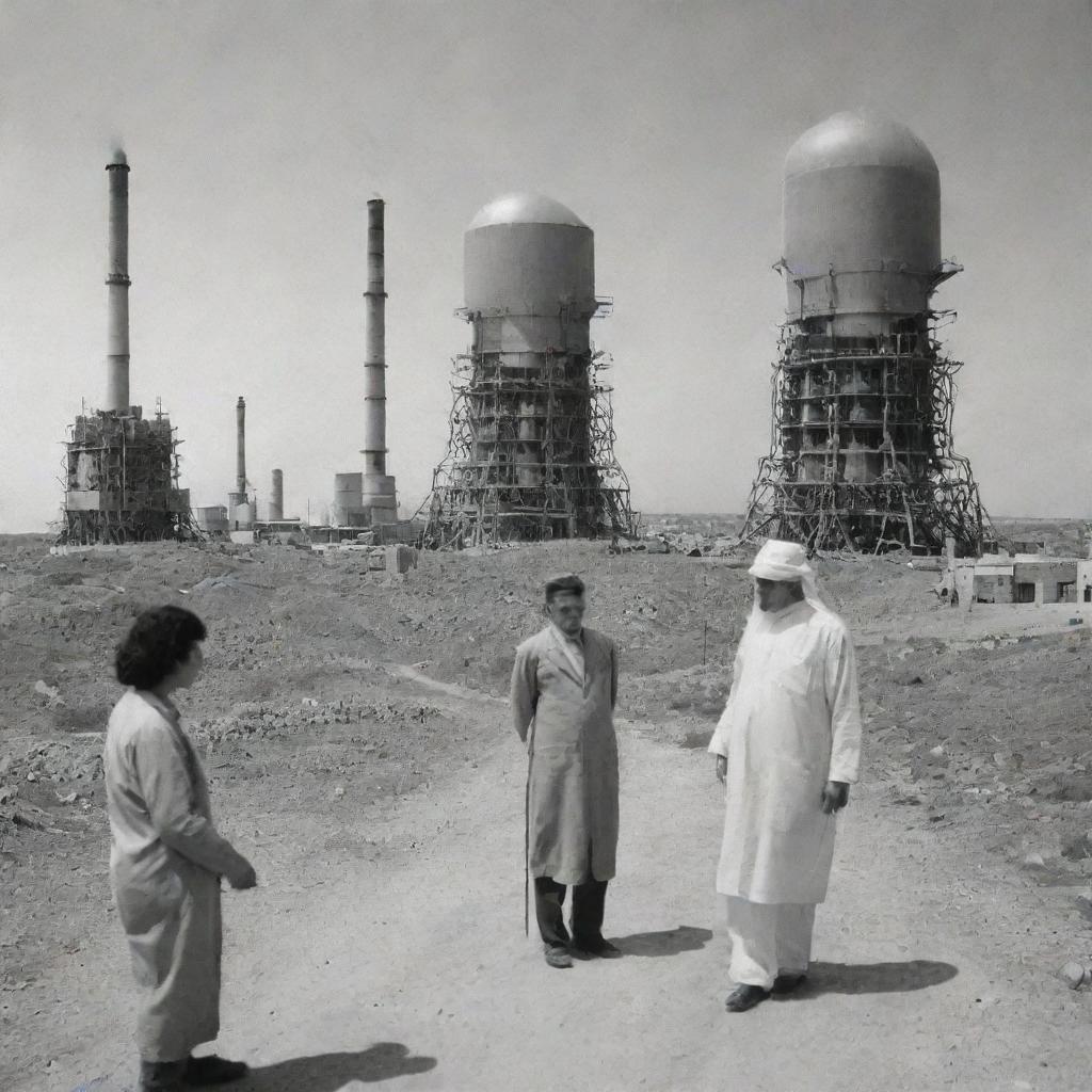 An old picture utilizing modern artificial intelligence effects, merging the concepts of wars in Palestine, chemistry, and reactors.