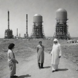 An old picture utilizing modern artificial intelligence effects, merging the concepts of wars in Palestine, chemistry, and reactors.